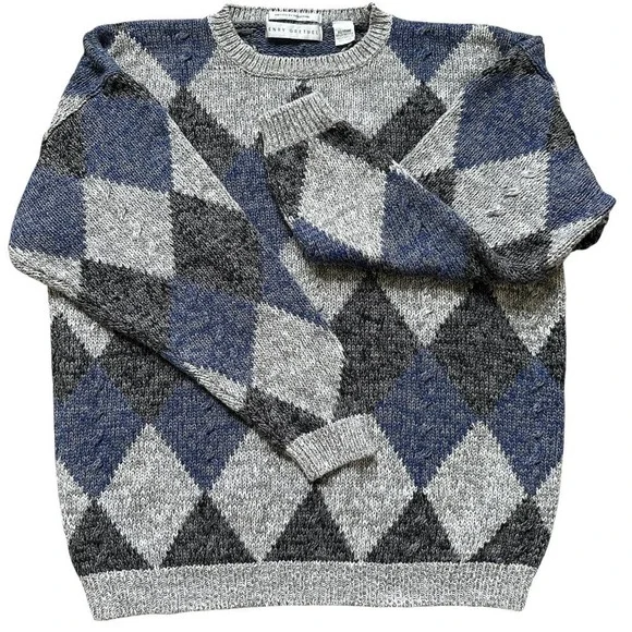 VTG HENRY GRETHEL Sweater Argyle Gray Blue XL Y2K 90s Handframe Knit Abstract - Picture 3 of 12